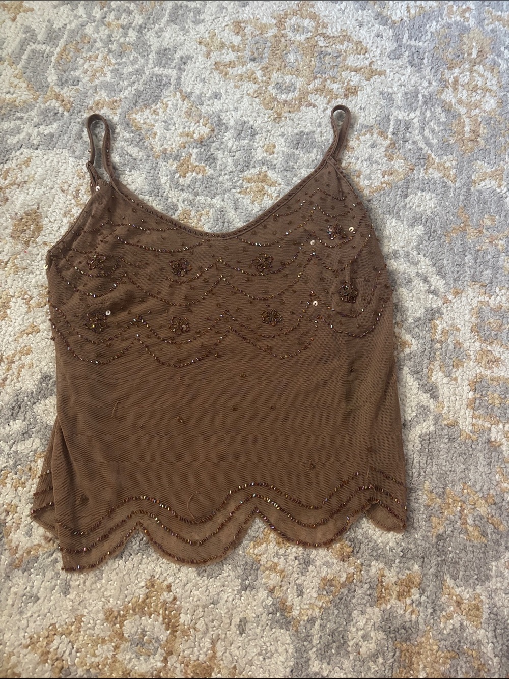 Aritzia Embellished Brown Spaghetti Strap Tank Top